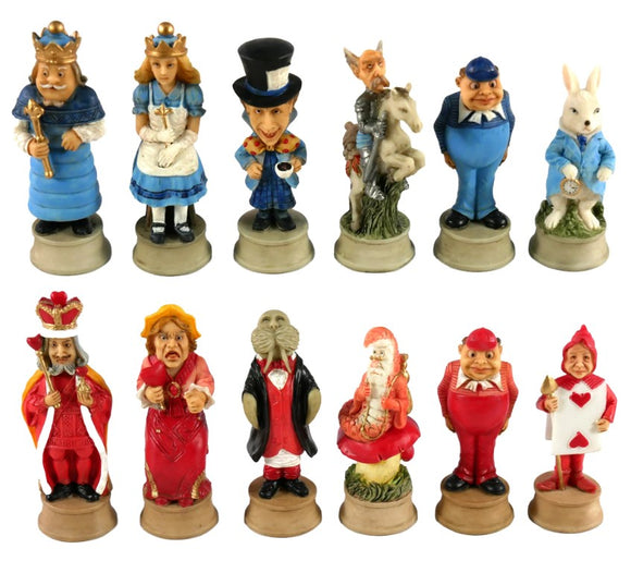 A collection of whimsical figurines representing characters from Alice in Wonderland, including the Queen, the Mad Hatter, and the March Hare, each intricately designed and painted, standing on circular bases.