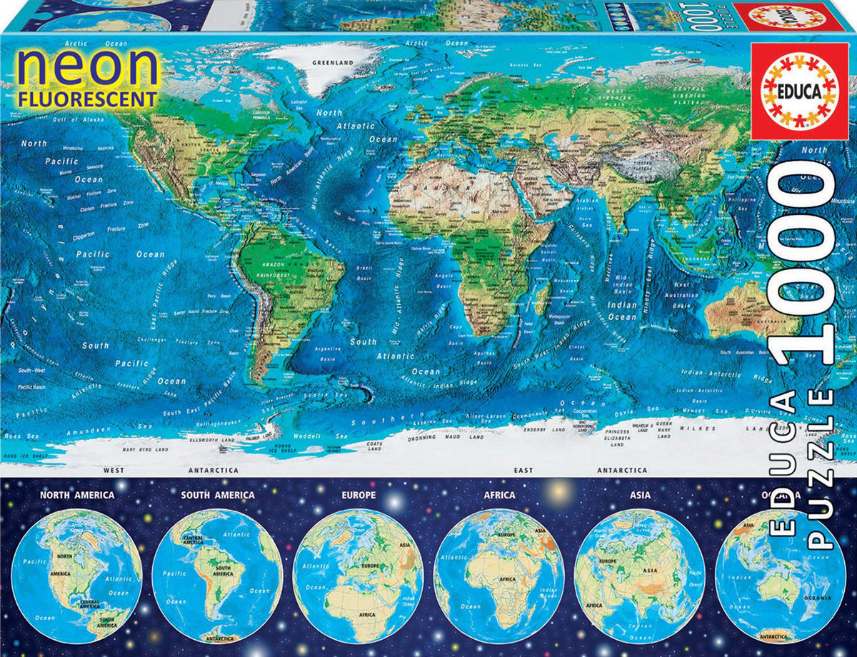 Educa 1000-piece jigsaw puzzle featuring a vibrant neon world map with detailed geographical features. The design includes ocean names and continent outlines, along with circular depictions of North America, South America, Europe, Africa, and Asia at the bottom. Ideal for geography enthusiasts and puzzle lovers alike.