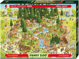 Heye jigsaw puzzle titled 'Black Forest Habitat', featuring a vibrant and detailed illustration of an enchanting forest scene filled with animals, people, and playful activities. This 1000-piece puzzle reveals a whimsical landscape with waterfalls, bridges, and various woodland creatures, perfect for puzzle enthusiasts and nature lovers.