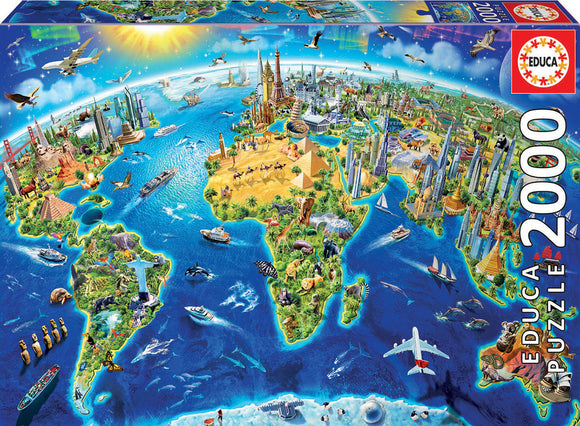 Educa World Landmarks Globe jigsaw puzzle featuring a vibrant depiction of global landmarks, wildlife, and natural wonders across continents on a colorful map. Includes iconic structures like the Eiffel Tower and pyramids, surrounded by oceans teeming with marine life.