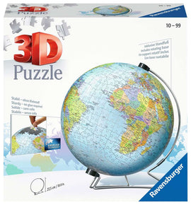 A 3D jigsaw puzzle by Ravensburger featuring a detailed globe design. The puzzle includes 540 pieces and comes with a rotating base. Ideal for ages 10 and up, showcasing vibrant colors of continents and oceans, perfect for geography enthusiasts.