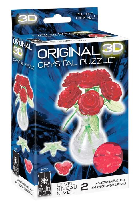 3D Crystal puzzle featuring a bouquet of red roses in a clear vase. The packaging showcases the puzzle pieces and highlights the artful design and level of difficulty. Ideal for puzzle enthusiasts aged 12 and older, the jigsaw includes 44 pieces, promising a fun and engaging challenge.