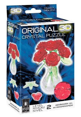 3D Crystal puzzle featuring a bouquet of red roses in a clear vase. The packaging showcases the puzzle pieces and highlights the artful design and level of difficulty. Ideal for puzzle enthusiasts aged 12 and older, the jigsaw includes 44 pieces, promising a fun and engaging challenge.