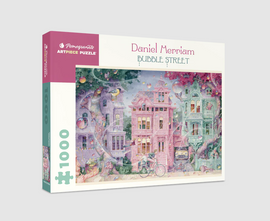 A jigsaw puzzle box featuring the artwork 'Bubble Street' by Daniel Merriam. The illustration depicts whimsical pastel-colored houses surrounded by vibrant bubbles and lush greenery, inviting puzzle enthusiasts to piece together this enchanting scene. The box indicates it has 1000 pieces, perfect for adults and older children who enjoy imaginative and colorful designs.