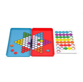 Magnetic Chinese Checkers game by Purple Cow featuring a vibrant red and blue playing surface with colorful magnetic pieces arranged in a star pattern. Includes a sheet of additional game pieces for extended play.