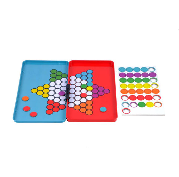 Magnetic Chinese Checkers game by Purple Cow featuring a vibrant red and blue playing surface with colorful magnetic pieces arranged in a star pattern. Includes a sheet of additional game pieces for extended play.