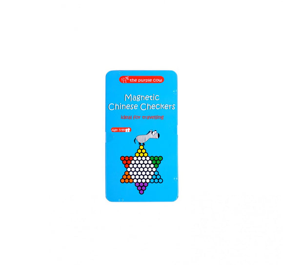 Magnetic Chinese Checkers game by Purple Cow. The packaging features a colorful design with a star shape made of various colored marbles, indicating it's a fun and portable game suitable for ages 5 and up.