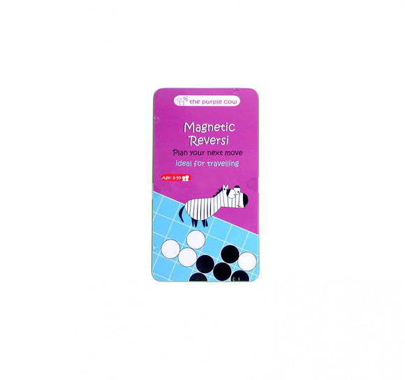Magnetic Reversi game by Purple Cow, featuring a playful zebra on the cover. Ideal for travel, it comes with black and white magnetic pieces for strategic gameplay, suitable for ages 6 and up.