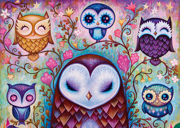 A colorful jigsaw puzzle featuring a whimsical illustration of various owls surrounded by vibrant flowers and stars. The owls have playful expressions, with detailed patterns on their feathers, set against a pastel background. Ideal for owl lovers and puzzle enthusiasts alike.