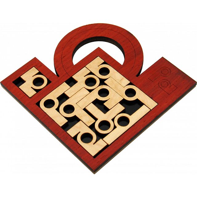 The P and A Packing Challenge is a sophisticated mechanical puzzle designed by Jean-Claude Constantin. It features a vibrant red wooden base with intricately arranged light-colored wooden pieces that interlock in a complex pattern. The puzzle has a circular cutout at the top and showcases a blend of craftsmanship and challenge, perfect for puzzle enthusiasts looking for an engaging experience.