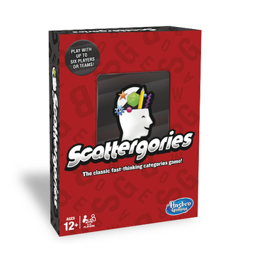 Scattergories game by Hasbro, featuring a vibrant red box with the game title on the front. The box displays a colorful silhouette of a head adorned with various items symbolizing creativity. Designed for ages 12 and up, it accommodates up to six players or teams, promoting fast-thinking and fun-filled competition. Perfect for family game nights or social gatherings.