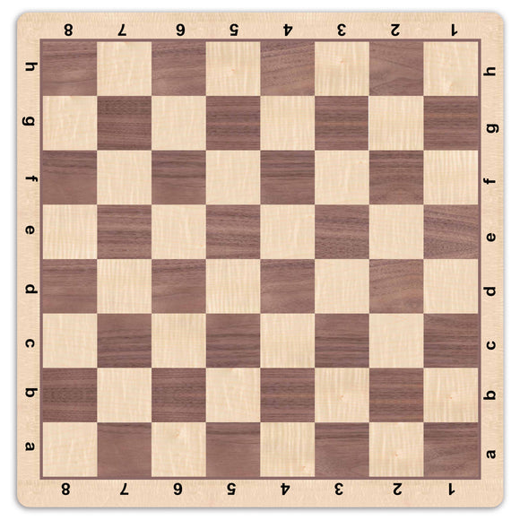 A high-quality chessboard mousepad mat made from walnut and light wood. The board is adorned with alternating dark and light squares, featuring lettered columns a-h and numbered rows 1-8 along the edges for easy reference during gameplay. Perfect for enhancing your gaming experience.