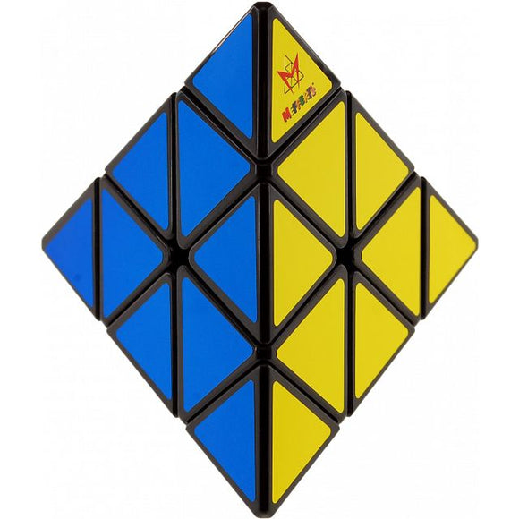 Pyraminx mechanical puzzle by Mefferts, featuring a triangular shape with vibrant blue and yellow colored sections. This puzzle challenges your problem-solving skills with its unique design and requires strategic thinking to solve.