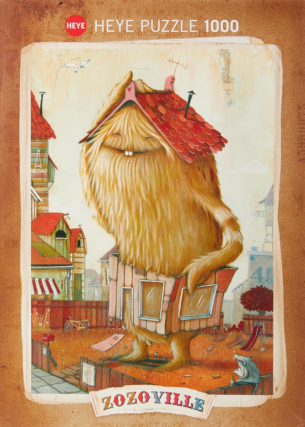 A vibrant jigsaw puzzle featuring the whimsical illustration of a furry creature resembling a house with a red roof in a quirky neighborhood. Surrounding the creature are stylized buildings, a bicycle, and playful elements, creating a colorful and imaginative scene from Zozoville by Heye.