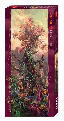 Heye Phosphorus Tree jigsaw puzzle featuring a stunning, vibrant illustration of a mystical tree intertwined with colorful coral-like designs. The puzzle box is vertical and displays intricate details of the artwork, showcasing the unique patterns and textures.