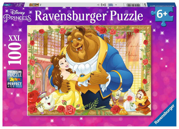 Ravensburger 100-piece jigsaw puzzle featuring Disney's Belle and Beast. The artwork depicts a joyful moment between the characters surrounded by roses, with enchanted objects in the foreground, suitable for children ages 6 and up.