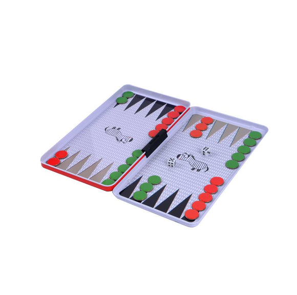 Magnetic Backgammon game by Purple Cow featuring a portable folding design. The board displays alternating red and green checkers, dice, and a stylized design, perfect for family game nights and strategic gameplay.