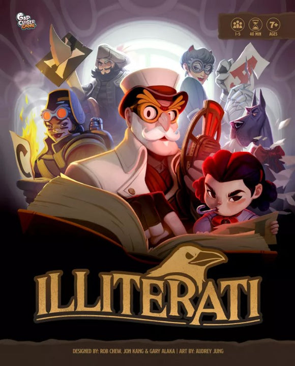 The game 'Illiterati' by Gap Closer Games showcases a colorful and captivating box art featuring diverse characters engaged in a literary adventure. The central figure is a character in a top hat and mustache, holding a book, while others surround him with various objects symbolizing knowledge and creativity, including papers and drawings. The artwork is vibrant, inviting players aged 7 and up to join an engaging game experience that encourages teamwork and critical thinking.