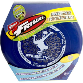 John N. Hansen Co. Inc. Freestyle Frisbee, weighing 160 grams, designed for aerial tricks and stunts. The disc features a dynamic blue and white design showcasing a silhouette of a person in motion, conveying a sense of energy and freedom. Packaged neatly in a vibrant box with graphics highlighting its features and suggested age group of 5 and up.