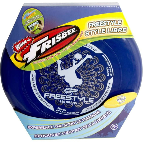 John N. Hansen Co. Inc. Freestyle Frisbee, weighing 160 grams, designed for aerial tricks and stunts. The disc features a dynamic blue and white design showcasing a silhouette of a person in motion, conveying a sense of energy and freedom. Packaged neatly in a vibrant box with graphics highlighting its features and suggested age group of 5 and up.