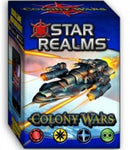 Star Realms: Colony Wars board game box featuring a spaceship shooting lasers in a sci-fi setting. The visually striking design includes the Star Realms logo and symbols representing different factions. Ideal for strategy game enthusiasts and fans of competitive gameplay.