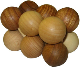 A collection of wooden spheres in various shades and sizes, intricately arranged to form a mechanical puzzle. Each sphere showcases natural wood textures and colors, providing a tactile and visual challenge for puzzle enthusiasts.