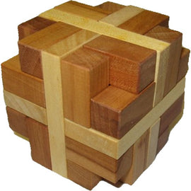 Hexator Mechanical puzzle by VINCO, made of interlocking wooden pieces in various shades of brown. The pieces are arranged in a cube formation, showcasing intricate craftsmanship and a challenging design that requires problem-solving skills to solve.