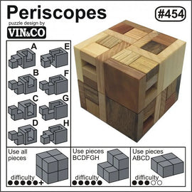 Periscopes Mechanical puzzle by VINCO, featuring a wooden block puzzle with various shaped pieces. The design includes difficulty levels and usage instructions for the pieces to complete the puzzle.