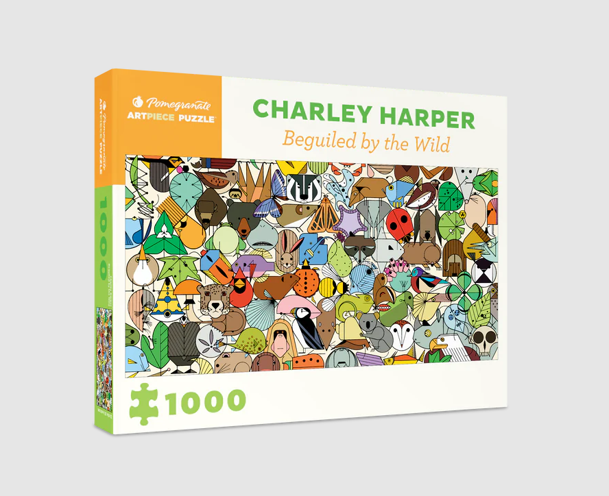 The 'Beguiled By The Wild' jigsaw puzzle by Pomegranate features an intricate and colorful illustration by Charley Harper, showcasing a variety of animals and nature elements. This 1000-piece puzzle is perfect for enthusiasts and offers a fun and engaging challenge while celebrating wildlife art.