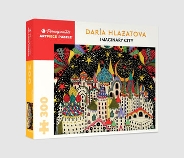 Imaginary City jigsaw puzzle by Pomegranate featuring a vibrant, whimsical design of colorful, abstract buildings under a starry night sky. The puzzle contains 300 pieces, showcasing a rich palette of colors and intricate details, perfect for both puzzle enthusiasts and art lovers.