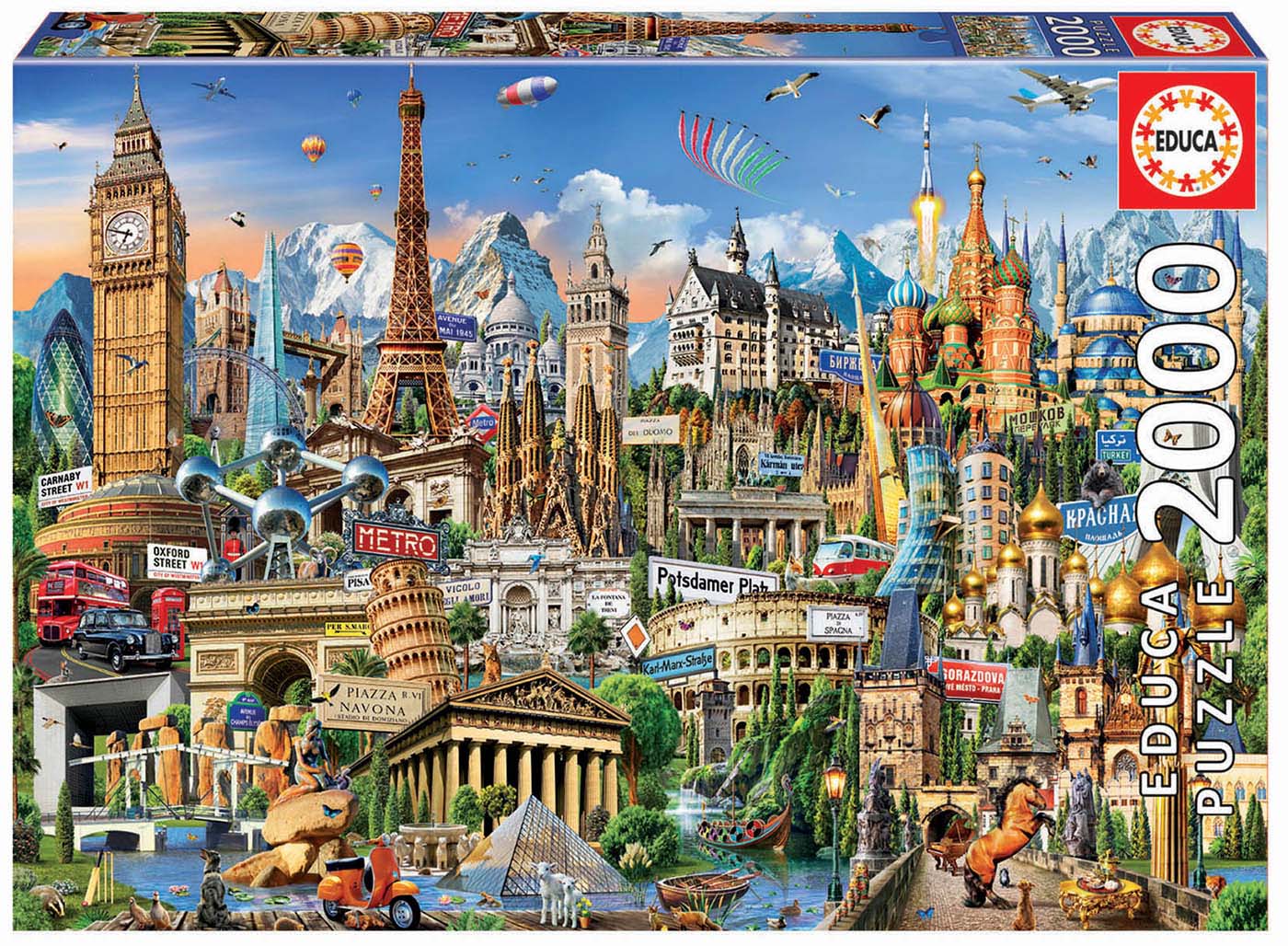 Educa 2000 piece jigsaw puzzle featuring famous European landmarks, including Big Ben, the Eiffel Tower, the Colosseum, and the Sagrada Familia, all illustrated in a vibrant and intricate design, perfect for puzzle enthusiasts of all ages.