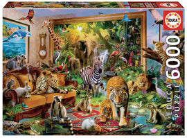 Educa jigsaw puzzle titled 'Entering the Bedroom' featuring a vibrant scene with various animals including lions, tigers, zebras, and exotic birds among lush tropical plants and a cozy living room setting. The puzzle consists of 6000 pieces and showcases intricate details and vibrant colors, perfect for puzzle enthusiasts.