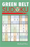 Cover of the Green Belt Sudoku book by Michael Rios, featuring a vibrant green background and a grid filled with numbered squares. The title 'GREEN BELT SUDOKU' is prominently displayed at the top in large white letters, with a unique symbol and arrows indicating the puzzle's complexity. A tagline indicating difficulty level is also visible, showing its appeal to puzzle enthusiasts.