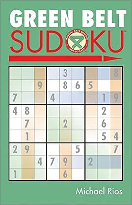Cover of the Green Belt Sudoku book by Michael Rios, featuring a vibrant green background and a grid filled with numbered squares. The title 'GREEN BELT SUDOKU' is prominently displayed at the top in large white letters, with a unique symbol and arrows indicating the puzzle's complexity. A tagline indicating difficulty level is also visible, showing its appeal to puzzle enthusiasts.