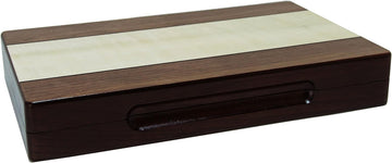 A beautifully crafted 12-inch wooden backgammon set by Wood Expressions, featuring a sleek design with a smooth, polished finish and a classic striped top. The set is compact and elegantly styled for both display and gameplay, making it a perfect addition for game enthusiasts or as a stylish gift.