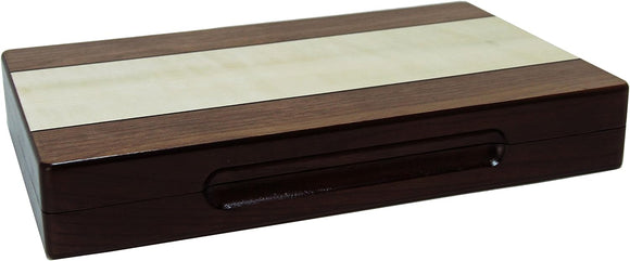 A beautifully crafted 12-inch wooden backgammon set by Wood Expressions, featuring a sleek design with a smooth, polished finish and a classic striped top. The set is compact and elegantly styled for both display and gameplay, making it a perfect addition for game enthusiasts or as a stylish gift.