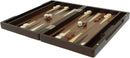 Backgammon Wooden Set 12" by Wood Expressions, featuring a beautifully crafted dark wood case. The open set displays light and dark playing pieces on a textured board, along with two dice positioned on the surface for gameplay.