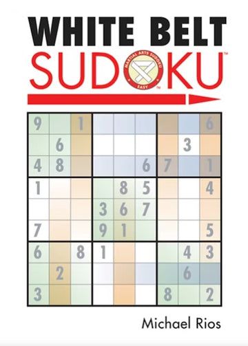 Cover of the White Belt Sudoku book by Michael Rios, featuring a classic Sudoku grid filled with various numbers in a colorful layout. The title 'WHITE BELT SUDOKU' is prominently displayed at the top in bold letters. The design is simple yet engaging, appealing to Sudoku enthusiasts.