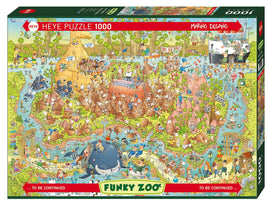 A colorful and intricate jigsaw puzzle titled 'Australian Habitat' by Heye featuring a whimsical scene filled with various animals, people, and landscapes. The puzzle showcases a lively depiction of a habitat with playful characters engaging in diverse activities around rivers, hills, and trees, all rendered in a vibrant cartoon-like style. The box is adorned with the 'Heye Puzzle 1000' label and the title 'Funky Zoo'.
