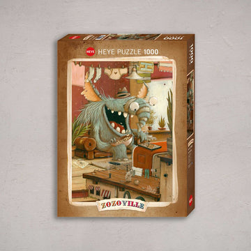 Zozoville Laundry Day jigsaw puzzle by Heye, featuring a whimsical illustration of a furry monster with large teeth, happily engaging with a small creature in a cluttered workshop scene. The box showcases vibrant colors and playful characters, perfect for puzzle enthusiasts and collectors. This 1000-piece jigsaw puzzle invites fun and creativity for all ages.