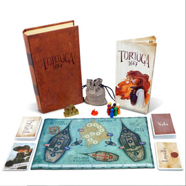 The Tortuga 1667 game set includes a beautifully designed game board featuring a map of Tortuga, character pieces, cards, and a drawstring bag. The game is presented with an artistic rulebook and guide, enhancing its appeal.