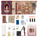 Collage of items included in a 'Enchanted Rose' craft kit, including paper, batteries, sandpaper, and packaging.
