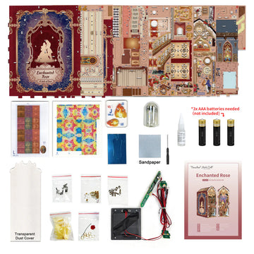 Collage of items included in a 'Enchanted Rose' craft kit, including paper, batteries, sandpaper, and packaging.