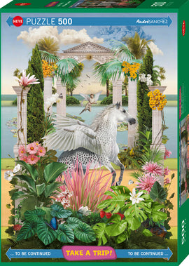 Take a Trip with Andre Sanchez Horse With Wings in a Greek Garden with Cupid On a Lake