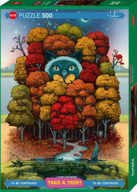 Andy Kehoe Take a Trip! 500 Piece Puzzle Cat in a Forest People Walking By With Magic Cats