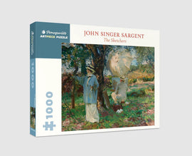 The Sketchers jigsaw puzzle by Pomegranate, featuring a vibrant artwork by John Singer Sargent. The image showcases two figures in a lush outdoor setting, with one figure painting under a parasol, surrounded by greenery. Contains 1000 pieces, perfect for art lovers and puzzle enthusiasts.