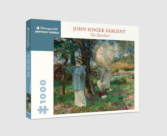 The Sketchers jigsaw puzzle by Pomegranate, featuring a vibrant artwork by John Singer Sargent. The image showcases two figures in a lush outdoor setting, with one figure painting under a parasol, surrounded by greenery. Contains 1000 pieces, perfect for art lovers and puzzle enthusiasts.
