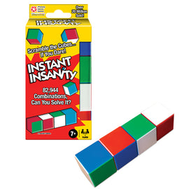 Instant Insanity mechanical puzzle by Winning Moves. The image showcases the colorful puzzle pieces arranged in a row, featuring red, green, blue, and white colors. The packaging highlights the challenge with the text: 'Scramble the Cubes... If You Dare!' It emphasizes 82,944 combinations to solve.