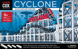 The Cyclone Roller Coaster DIY kit by CDX features a detailed block construction of a roller coaster with a height of 48 inches. It includes over 900 pieces and is designed for ages 14 and up. The vibrant red 'CYCLONE' sign stands out against the intricate block design, showcasing a thrilling amusement park scene in the background.