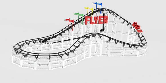 A vibrant DIY Flyer Roller Coaster Kit by CDX featuring intricately designed track sections in black and white. The kit includes colorful flags atop the structure and the word 'FLYER' prominently displayed in bold red letters, showcasing its fun and imaginative design. Ideal for creative minds eager to build their own roller coaster.